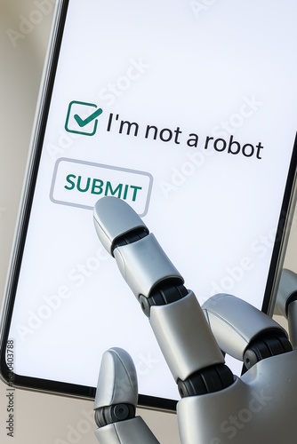 Robot finger taps Submit button next to I m not a robot checkbox on phone screen. Concept, technology, bypass, human check, verification, ai.