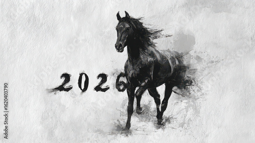 2026 black horse painting, energetic, new year celebration art
