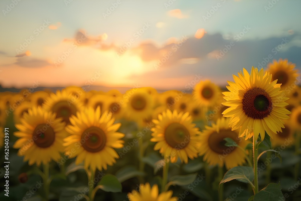 Obraz premium Golden sunflowers bloom vibrantly at sunset, creating a peaceful agricultural landscape scene full of warmth
