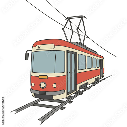 Retro city tram passing on rails with window details