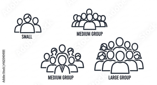 Group size comparison vector illustration showing small medium and large group sizes for infographics and design
