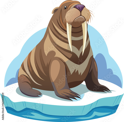 Majestic Walrus on Ice Floe: Arctic Wildlife Illustration, Cartoon Style, Vector Graphic