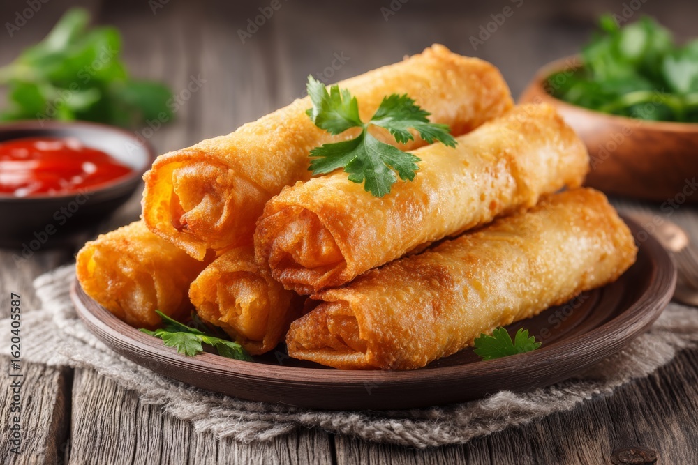 Crispy stuffed rolls served on a wooden plate with fresh herbs and dipping sauce in a cozy setting Crispy stuffed rolls served on a wooden plate with fresh herbs and dipping sauce in a cozy setting