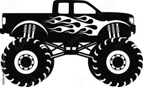 monster truck silhouette, oversized tires and flame decals, raised suspension pickup, rally vehicle, cad drawing flat vector illustration