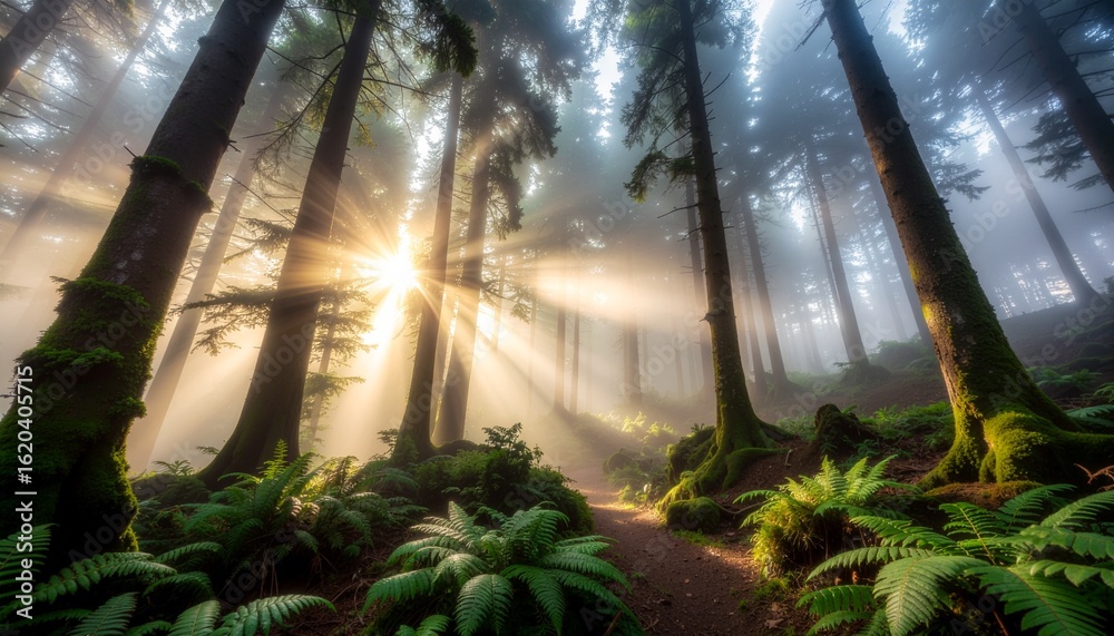 Obraz premium Mystical Forest Atmosphere: Sunbeams cutting through thick fog in a dense, moss-covered ancient forest