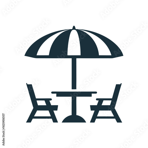 Dark blue patio umbrella with table and chairs on white background outdoor