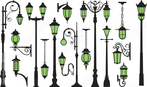 street lamp silhouette set, 18 glowing green designs, ornate and traditional lighting styles, cad drawing flat vector illustration