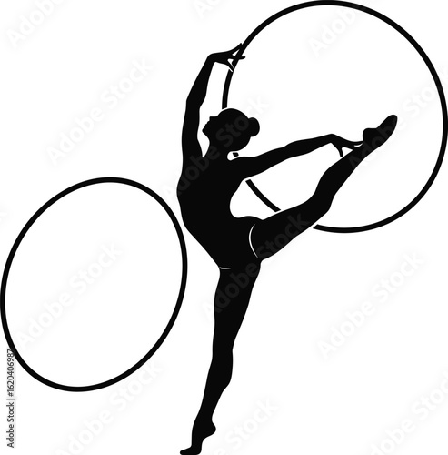 Female gymnast with hoops silhouette, rhythmic dance pose, black vector dancer figure, elegant motion balance, artistic sport silhouette illustration, flexibility performance isolated vector art
