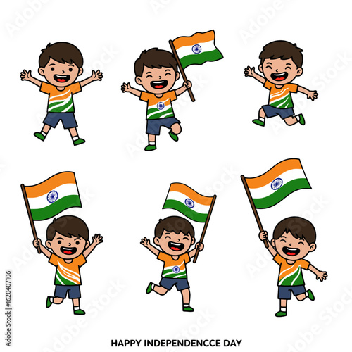 Vector art of set of six cartoon indian boys celebrating independence day with the indian flag, isolated on white background