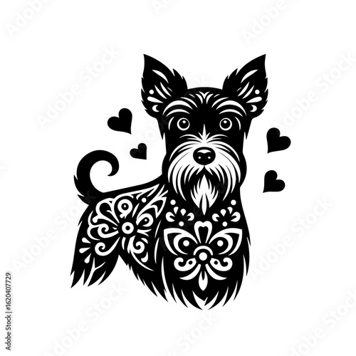 Ornate Schnauzer Dog with Hearts Silhouette.
