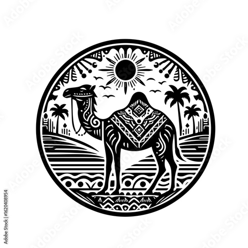Stylized Camel in Desert Landscape Emblem.