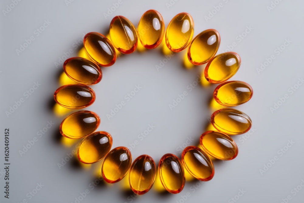 Obraz premium Circular arrangement of yellow capsules on a smooth surface showcasing vitamin supplements