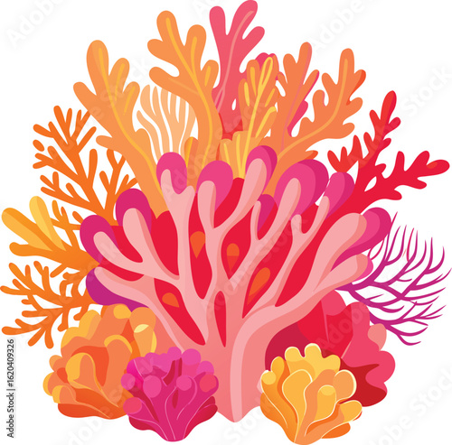 Vibrant Coral Reef Illustration, Underwater Scene with Colorful Corals, Ocean Life, Marine Design, Artistic Rendering of Sea Life, Decorative...