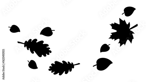 Autumn Leaves Blown by Wind. Black Silhouettes of Maple, Oak and Linden Leaves in Motion, Fall Season Concept, Nature Scene for Decoration and Design Use