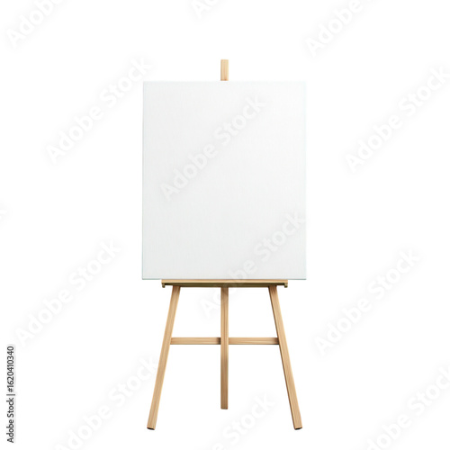 Vibrant photo of wooden easel with blank canvas isolated on transparent background.