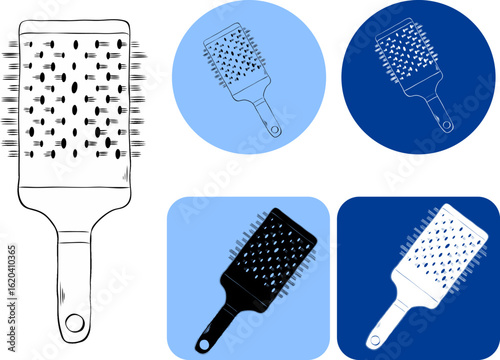 Brushing comb Salon logotype. Vector graphic line ink illustration. Silhouette sign for logo, print, comics, fashion, pop art, boards, design, stickers, decoration, posters