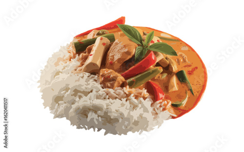 asian food, red Thai curry sauce with vegetables, chicken and rice on plate isolated on transparent background