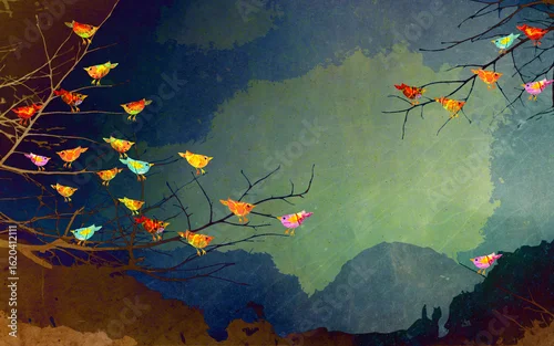 Obraz Ilustracja grafika kolorowe ptaki na gałęziach drzew wieczorowa pora tekstura.