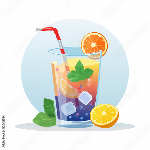 Sommergetränk mit Eis, Früchten und Minze im Glas – Vektorillustration