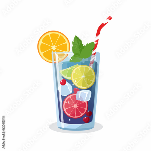 Sommergetränk mit Eis, Früchten und Minze im Glas – Vektorillustration