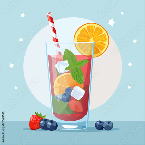 Sommergetränk mit Eis, Früchten und Minze im Glas – Vektorillustration