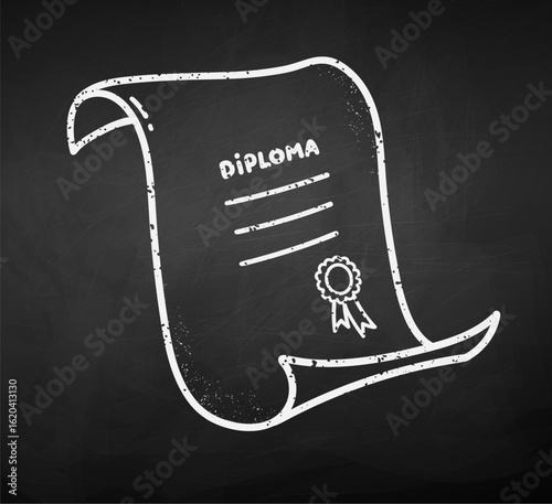 Vector illustration of a chalk-drawn diploma certificate. Isolated object on blackboard background.