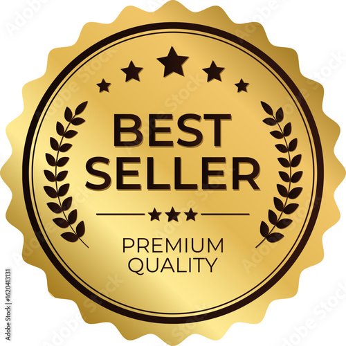 Bestselling sticker, gold badge with stars and golden laurel wreath for labeling, premium quality text product, for use on your product label. Vector illustration.