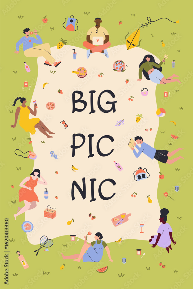 Obraz premium Banner picnic with friends in the park. Outdoor summer event in park with relaxing and work people, snacks and drinks. Holiday outdoors fest, vertical background. Cartoon illustration. 