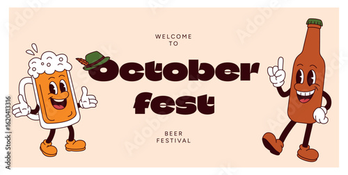 Cartoon Beer Mug and Bottle with Faces and Arms Dancing at Oktoberfest. Smiling Beverage Characters on Light Background. Fun Alcohol Festival Poster. Flat Vector Illustration Design