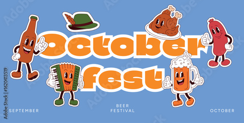 Funny Oktoberfest Characters on Blue Background. Cartoon Beer Mug, Sausage, Bottle, Accordion, Chicken and Hat Celebrating Beer Festival. Vector Illustration for Posters and Cards