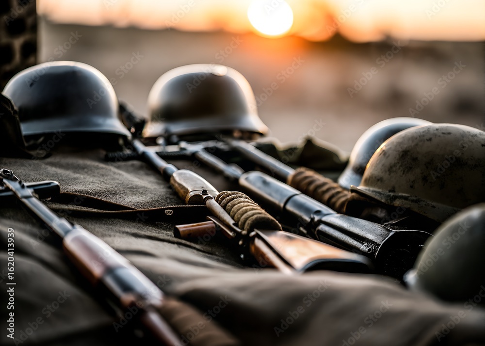 Fototapeta premium Vintage Military Helmets and Rifles at Sunset. War Memorabilia Display