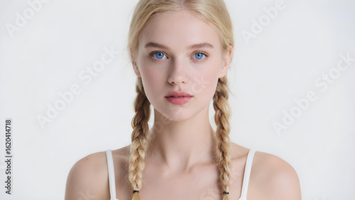 Portrait of a blonde woman with braids, blue eyes, and a soft confident look.