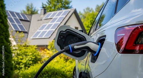 White electric car charging at home with solar panels on roof electric vehicle home charging