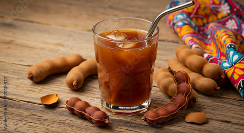 A glass of tamarind juice (suco de tamarindo) with a metal straw on a rustic kitchen table with fresh tamarind pods and a colorful cloth