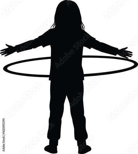Child playing with hula hoop silhouette, full body kid figure, black vector illustration, fun children activity pose, spinning hoop motion, playful fitness exercise art