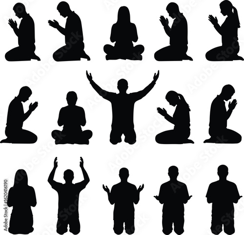 Silhouette people praying, kneeling prayer poses, worship vector art, religious devotion posture, spiritual meditation clipart, hands raised worshipping, prayer s