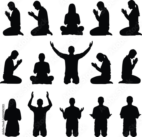 Silhouette people praying, spiritual meditation pose, kneeling in worship, religious devotion posture, prayer clipart vector, hands raised silhouette, peaceful faith moment, believer silhouette design