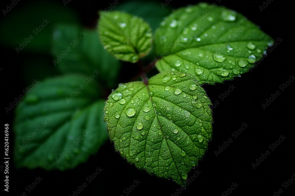 Fresh green leaves adorned with raindrops in a dark background highlight nature's beauty and detail Fresh green leaves adorned with raindrops in a dark background highlight nature's beauty and detail