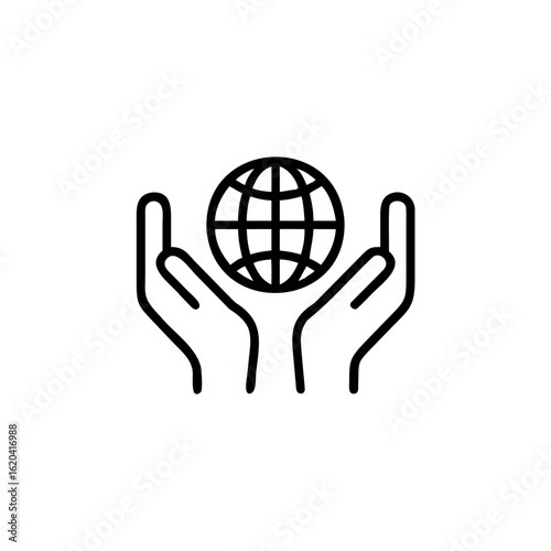 Outline two hands holding a stylized globe on earth world