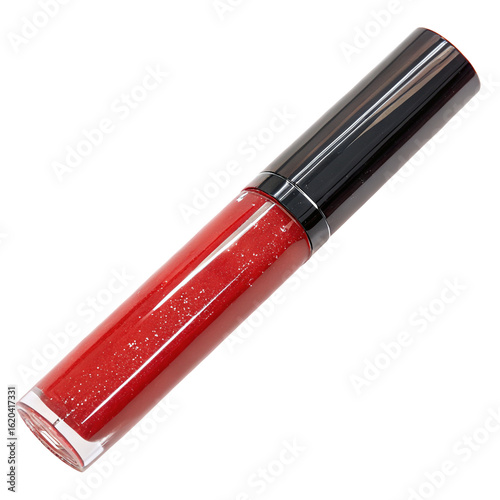 Glossy red lip gloss tube with black shiny cap against a plain white background displaying details