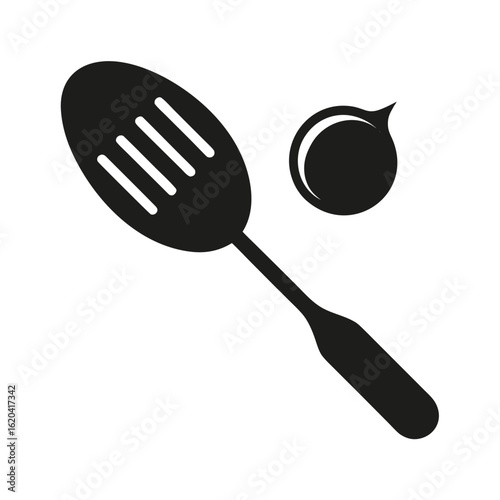 Minimalist silhouette design of a spatula flipping an egg in a pan