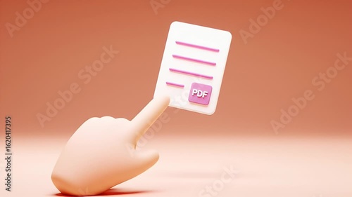 Stylized Cartoon Hand Hovering over a White Document with Pink Pdf Button on Peach Background in Soft Lighting 3d