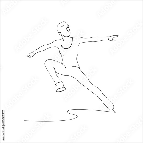 A continuous line drawing of a figure skater captured mid-jump with arms extended and one leg lifted, showcasing movement, strength, and elegance on ice.