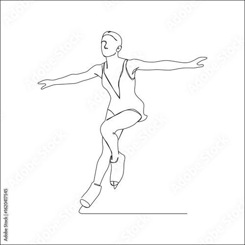 A minimalist one-line drawing of a figure skater in a poised position with arms extended and legs crossed, highlighting elegance, control