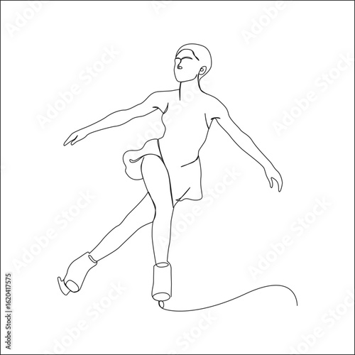 A single-line illustration of a female figure skater in motion, with one leg lifted and arms extended, showcasing elegance, balance, and artistic expression on the ice.