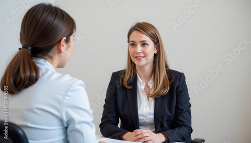 a professional setting with a woman seated in an office chair facing another individual who is also seated across from her at a desk, likely engaged in a conversation