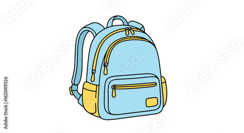 Blue and yellow backpack with zippers and compartments  