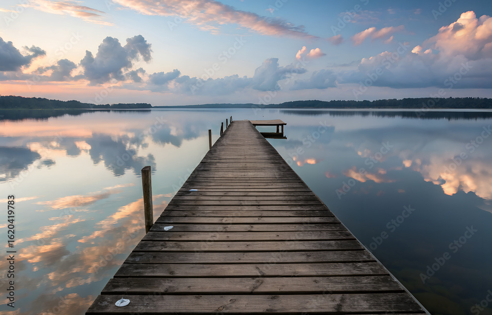 Naklejka premium Wooden pier extending into calm lake with soft clouds reflected in water, peaceful travel moment with natural scenic atmosphere.