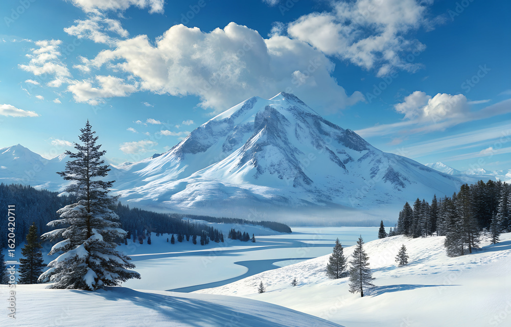 Fototapeta premium Snow-covered mountain peak under bright blue sky, panoramic winter scene with pristine landscape and high-altitude alpine atmosphere.