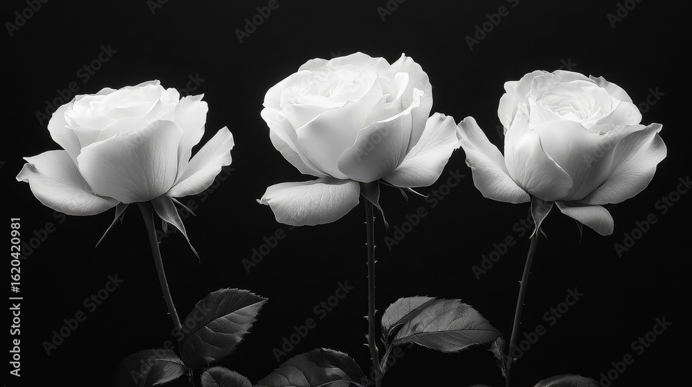 Naklejka premium Explore the art of minimalist photography, featuring roses loosing its petals in front of a plain black background without any shadows, black-white image